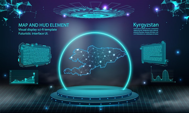 Kirgisistan-Karte Lichtverbindungseffekt Hintergrund abstrakt digitale Technologie UI GUI GUI futuristisch HUD Virtuelle Schnittstelle mit Kirgisistan-Karte Futuristisches Podium der Bühne im Nebel