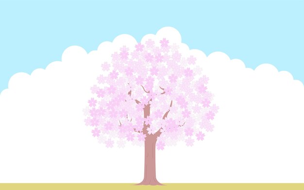 Vektor kirschbaum in voller blüte blauer himmel und wolkenhintergrund illustrationsmaterial