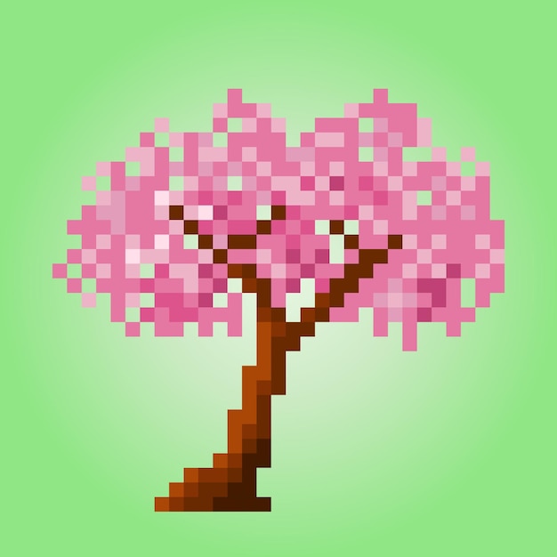 Kirschblüten 8-bit-pixelbaum für spiel-assets in vektorillustration