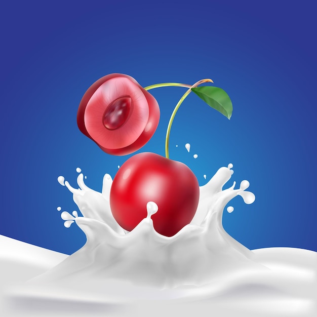 Kirschtropfen auf milk splashing hintergrund