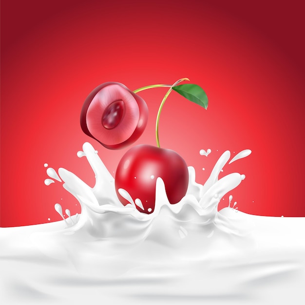 Vektor kirschtropfen auf milk splashing hintergrund