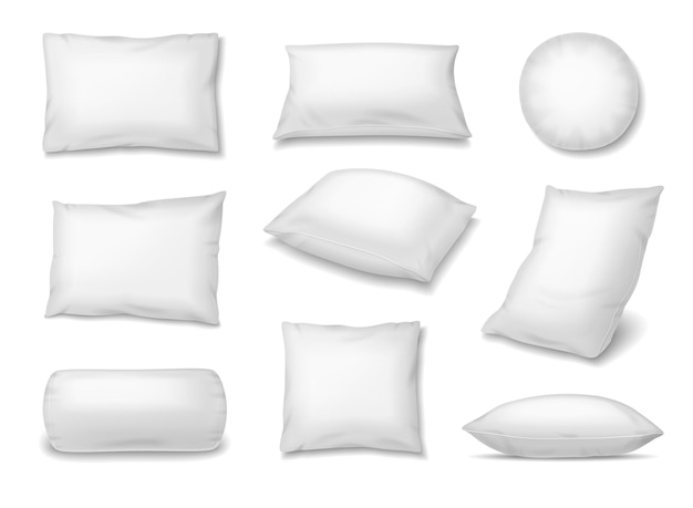 Vektor kissen realistischer satz isolierter symbole mit weichen weißen kissen verschiedener form aus verschiedenen winkeln vektorillustration