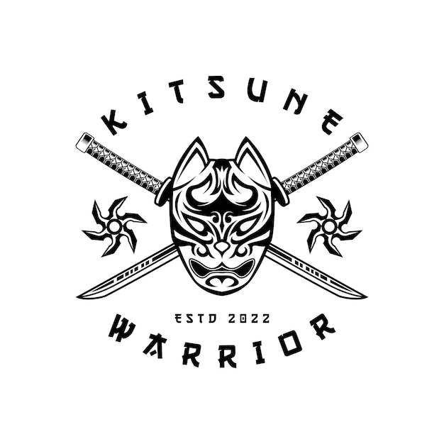 Kitsune mit cross katana japanesee wolf logo im vintage-stil schwarz-weiße vektorgrafik