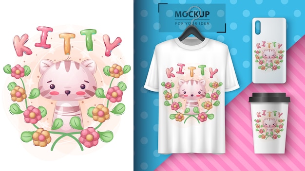 Kitty im blumenplakat und im merchandising