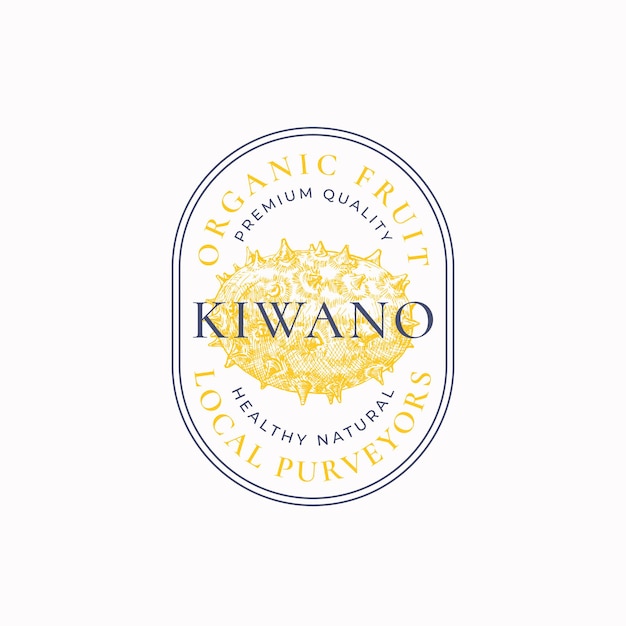 Kiwano-lieferanten ovales rahmenabzeichen oder logoschablone handgezeichnete früchteskizze mit retro-typografie und ...