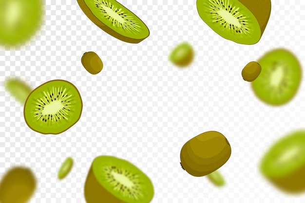 Kiwi-Hintergrund Fliegendes ganzes und halbes Kiwi-Frucht-nahtloses Muster mit defokussiertem Unschärfeeffekt Kann für Tapeten-Banner-Plakatdruck-Gewebe-Geschenkpapier verwendet werden Flaches Design des Vektors