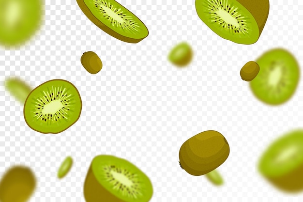 Kiwi-hintergrund fliegendes ganzes und halbes kiwi-frucht-nahtloses muster mit defokussiertem unschärfeeffekt kann für tapeten-banner-plakatdruck-gewebe-geschenkpapier verwendet werden flaches design des vektors