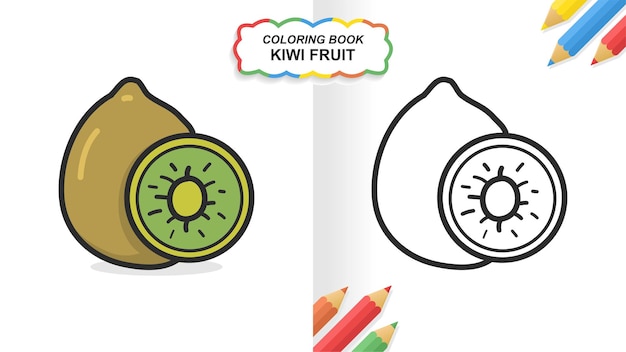 Kiwifrucht handgezeichnetes malbuch zum lernen. flache farbe druckfertig