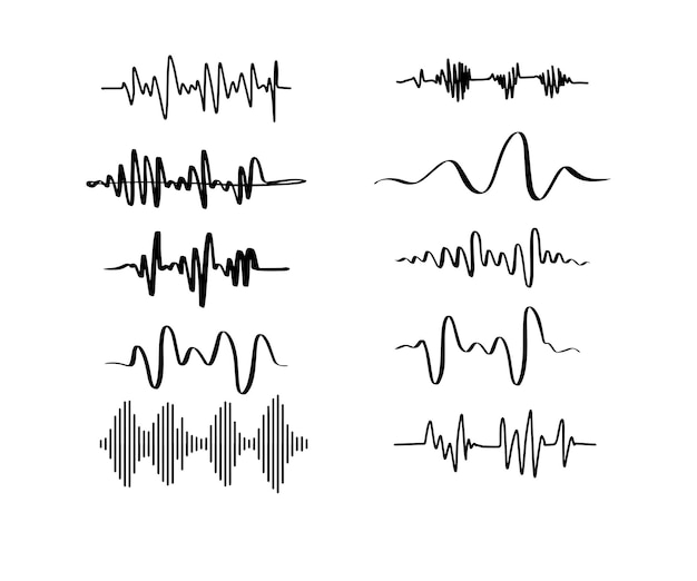 Vektor klangwellen, schreibwellen, audiofrequenz, radiosignal, sprachlinie, wellenform, lautstärke, musikniveau, symbolvektor
