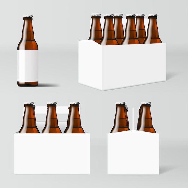 Vektor klare sechs braune bierflaschen, weiße packung