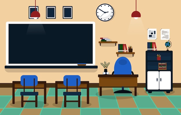 Klasse Schule Niemand Klassenzimmer Tafel Tisch Stuhl Bildung Illustration