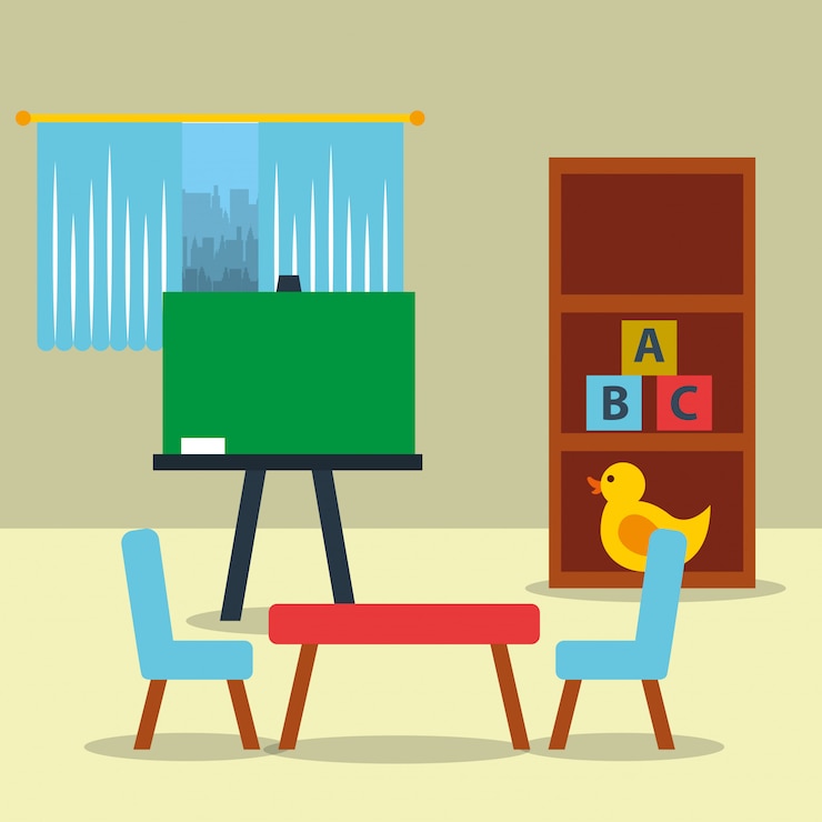 Vektor klassenzimmer kinder tafel tisch spielzeug