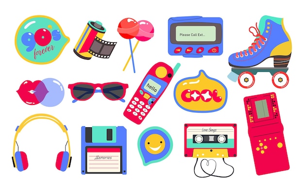 Klassische 80er-90er-Elemente im modernen Stil mit flacher Linie Handgezeichnete Vektorgrafiken Mode