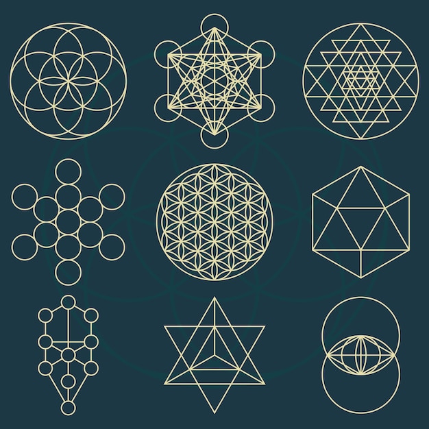 Vektor klassische dekorative symbole der heiligen geometrie wie die blume des lebens samen des lebens metatron-würfel