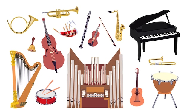 Klassische Musikinstrumente Poster Vektor Flachstil Illustration klassisches Orchester Akustik