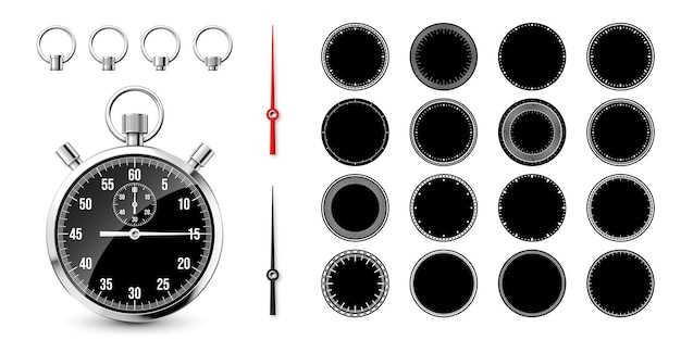 Vektor klassische stoppuhr mit uhrblättern glänzender metallchronometer zeitzähler mit zifferblatt-countdown-timer