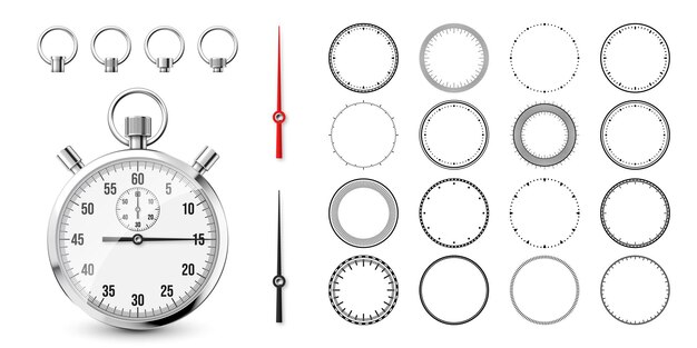 Vektor klassische stoppuhr mit uhrwand, glänzender metallchronometer, zeitzähler mit rückzählzeitzähler