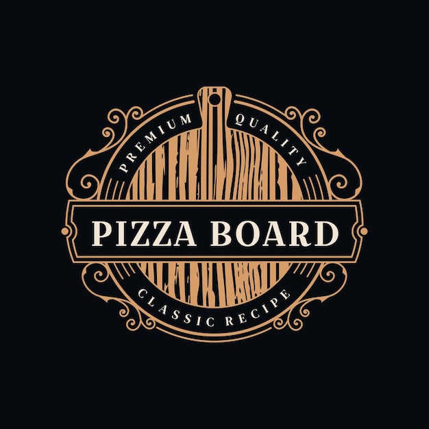 Klassischer abzeichen-pizza-holzbrett-logo-design-vektor