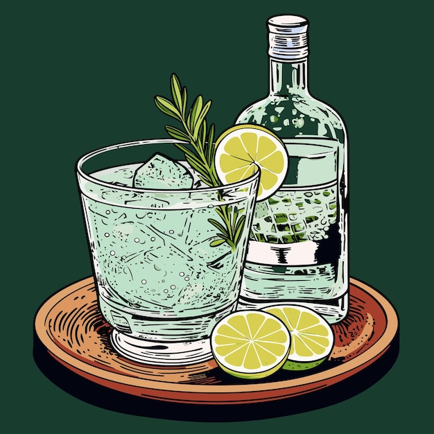 Klassischer alkoholischer cocktail gin tonic in glas und flasche. erfrischungsgetränk mit limette, orange und eis. vektorillustration