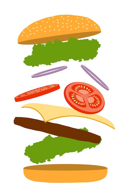 klassischer Hamburger mit Fleischkotelett, Tomatenzwiebeln und Käse in einer Brötchenvektorillustration