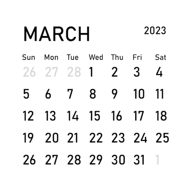 Vektor klassischer monatskalender für 2023. kalender im stil der minimalistischen quadratischen form. marsch