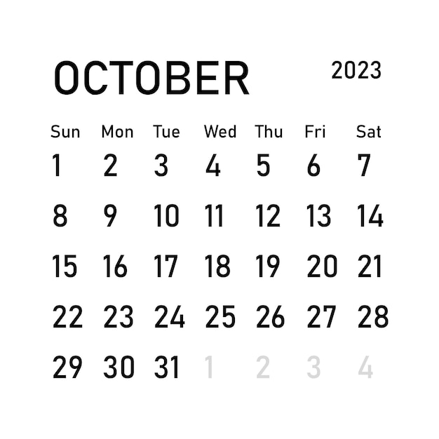 Vektor klassischer monatskalender für 2023. kalender im stil der minimalistischen quadratischen form. oktober