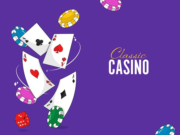 Klassisches casino-poster-design mit spielkarten, 3d-pokerchips und würfeln auf violettem hintergrund.