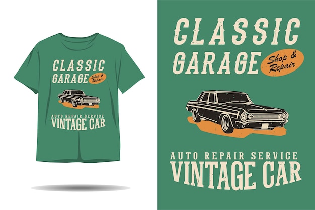 Klassisches garagenauto-reparaturservice-oldtimer-silhouette-t-shirt-design