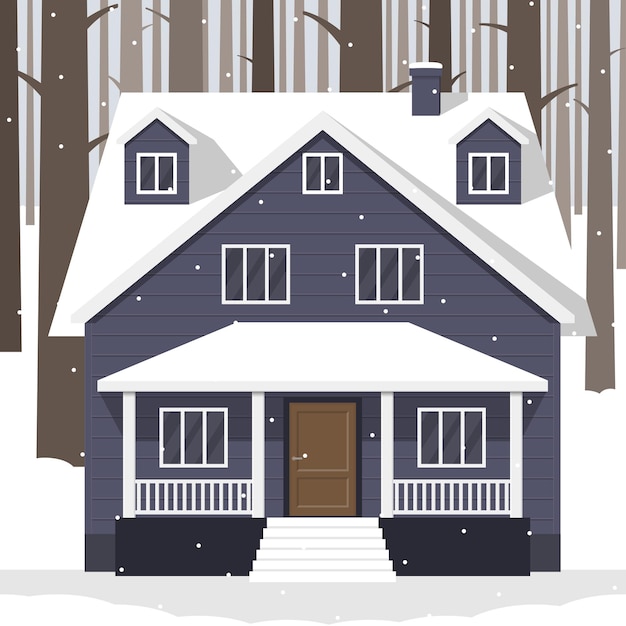 Klassisches landhaus im winterwald privathaus im schnee und baumstämmen