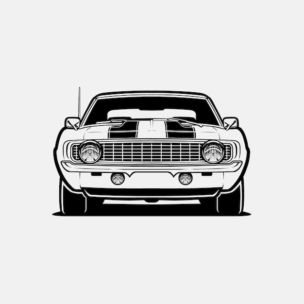 Klassisches muscle-car, vorderansicht, vektorkunst, monochrome silhouette, isoliert auf weißem hintergrund