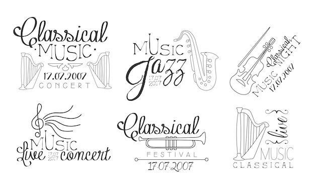 Klassisches Musikkonzert Handgezeichnetes Abzeichen Set Jazzmusik Live-Konzert Klassisches Festival Monochrome Vektorillustration