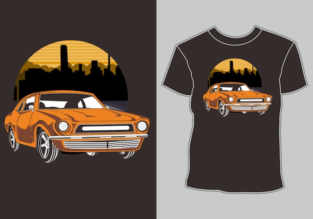 Klassisches retro-, vintages auto am rande der stadt, t-shirt bild