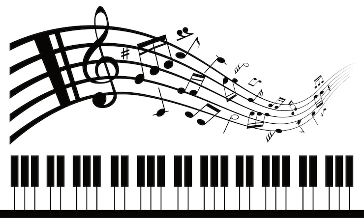 Vektor klavier mit musiknoten-hintergrund