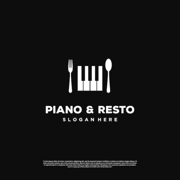 Klavier-Resto-Logo Vintage-Design-Piano mit Löffel- und Gabel-Logo