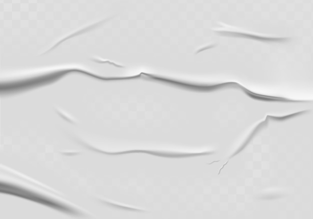 Klebepapier mit nassem transparentem Falteneffekt auf grauem Hintergrund. Weiße nasse Papierplakatschablone mit zerknitterter Textur.