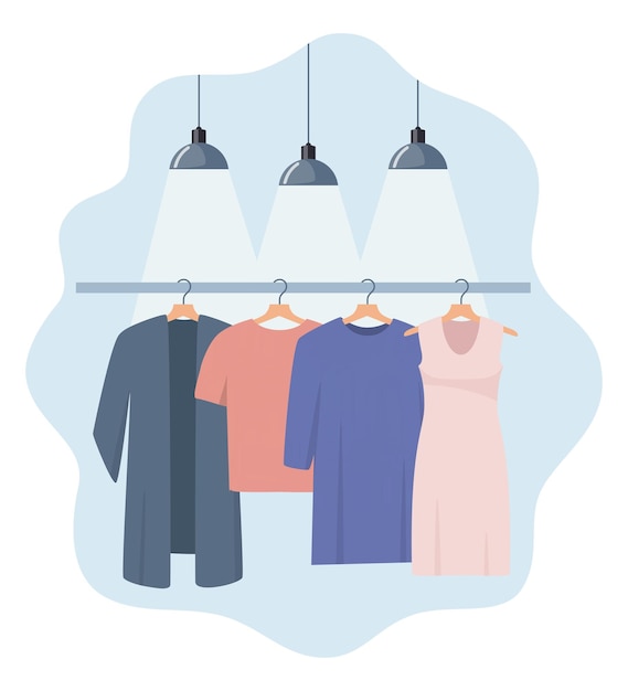 Vektor kleider hängen auf einem kleiderbügel, der von lampen beleuchtet wird modeboutique-sortiment-showroom