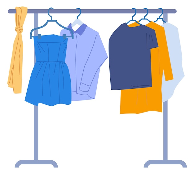 Kleiderständer mit hängendem Kleid. Modegeschäft-Garderobe isoliert auf weißem Hintergrund