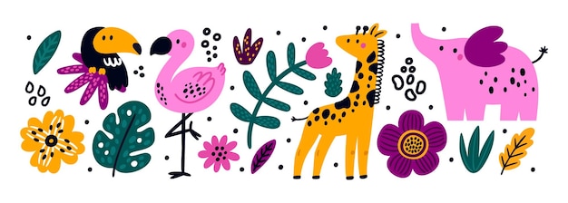 Kleine dschungeltiere und vögel im cartoon-stil flamingo-giraffe-elefant-tukan exotisch