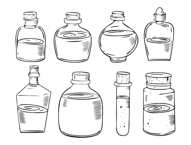 Kleine flaschen große set-sammlung im cartoon-stil. hand gezeichnete vektorillustration. schwarze tinte. auf weißem hintergrund isoliert.