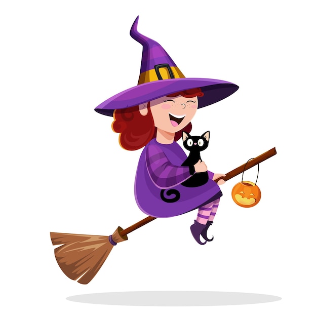 Vektor kleine fliegende hexe halloween-party ein mädchen auf einem besen mit einer schwarzen katze und einer kürbislaterne isolierte grafiken