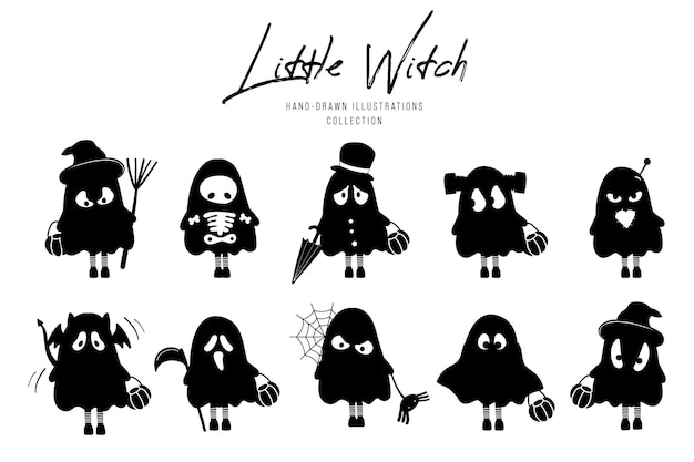 Kleine hexe silhouette von halloween hand gezeichnete illustration.