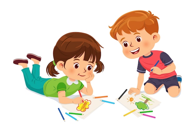 Kleine Jungen und Mädchen zeichnen Bilder mit Farbstiften auf einem Papier, das auf dem Boden liegt