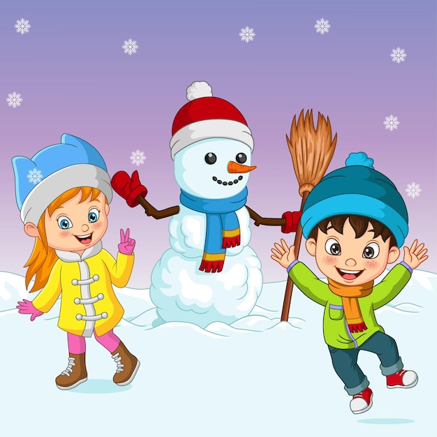 Kleine kinder der karikatur, die im schnee mit schneemann spielen