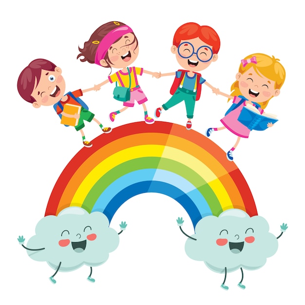 Kleine Kinder, die auf Regenbogen gehen