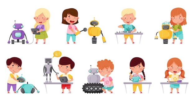 Vektor kleine kinder konstruieren und erstellen roboter-vektorillustrations-set