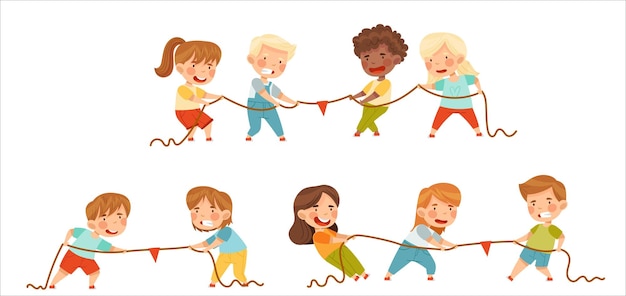 Kleine Kinder spielen Schleppen oder Seil ziehen, testen Stärke-Vektor-Set
