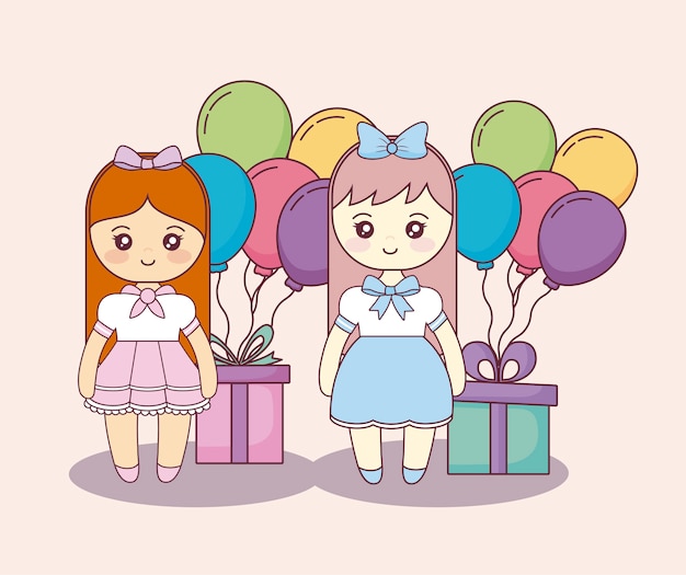 Kleine mädchen mit geschenkboxen und ballonhelium