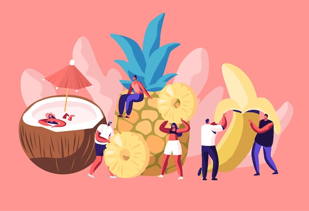 Kleine Männer und Frauen Charaktere und riesige reife Früchte Kokosnuss, Ananas und Banane