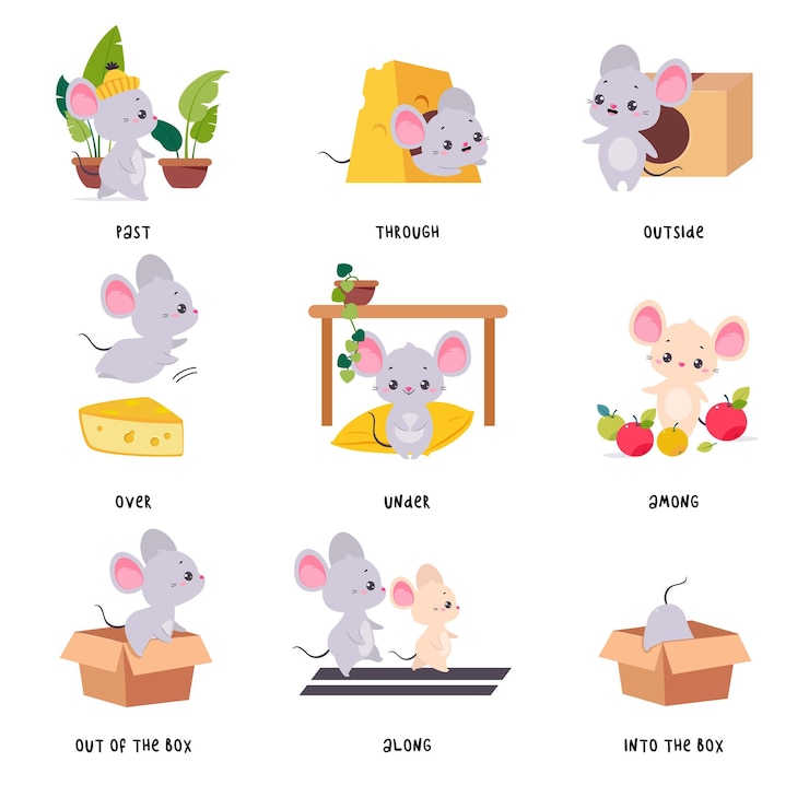 Vektor kleine maus und englische präposition für bildungsaktivität vektor-set