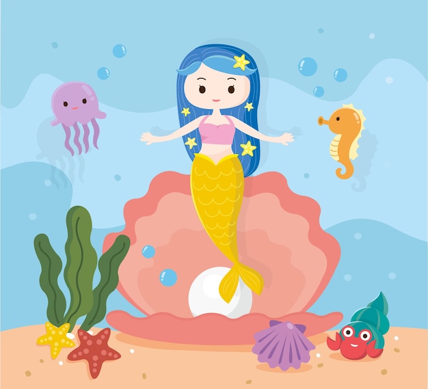 Kleine meerjungfrau in der unterwasserweltillustration
